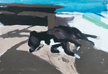 Perro en una isla 01, 2019 (peinture acrylique sur photo imprimée)