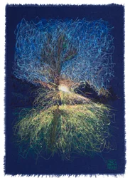 Sol poniente mientras espero albergue, 2025 (acrylique, encre et crayon sur tissu)