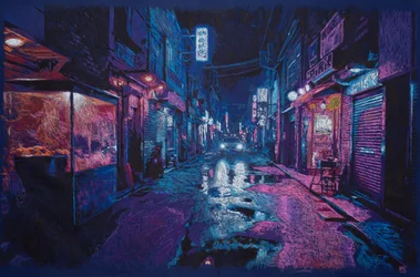Volviendo albergue en HK, 2025 (acrylique, encre et crayon sur tissu)