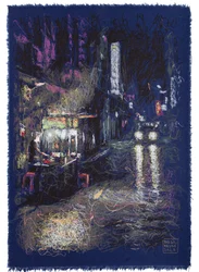 Volviendo albergue en Tailandia, 2025 (acrylique, encre et crayon sur tissu)