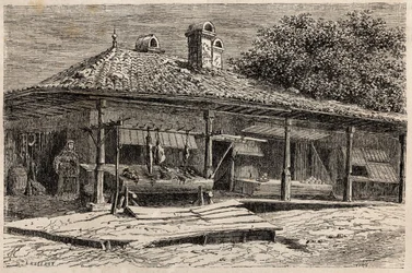 Une boucherie et une boulangerie à Bucarest (Roumanie). Gravure pour illustrer le voyage de Paris à Bucarest de Lancelot, dessinateur, en 1860, dans "Le tour du monde, nouveau journal des voyages", publié sous la direction d