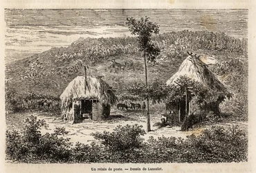 Un relais postal entre Bucarest et Pitesti. Gravure pour illustrer le voyage de Paris à Bucarest (Roumanie), en 1860, par Lancelot, dessinateur, dans « Le tour du monde, nouveau journal des voyages », publié sous la direction d