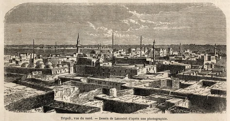Vue générale de Tripoli, dessin de Lancelot, pour illustrer les promenades tripolitaines, en 1860, du Baron de Krafft. Gravure dans « Le tour du monde » 1861. Collection Selva.