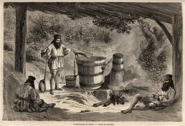 La fabrication du rakiou, alcool de céréales, sorte de schnaps très courant en Roumanie. Gravure pour illustrer le voyage de Paris à Bucarest, par Lancelot, dessinateur, en 1860, publié dans « Le tour du monde, nouveau journal des voyages », sous la direct