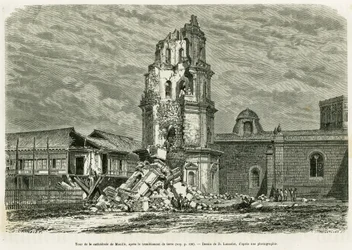 Tour de la cathédrale de Manille, après le tremblement de terre du 18 juillet 1880. Gravure par Lancelot pour illustrer l