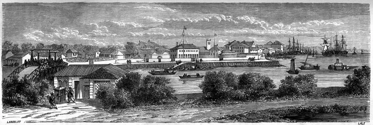 Vue de la concession des États-Unis sur la rivière Huangpu à Shanghai en 1860, Chine. Gravure par Lancelot, dans « Le Tour du Monde, Nouveau journal des Voyages », édité par Edouard Charton, Paris