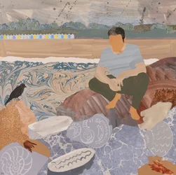 Cabanes de plage et fossiles (collage)