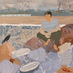 Cabanes de plage et fossiles (collage)