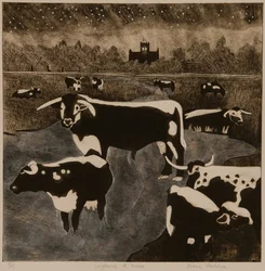 Les Longhorns à domicile, 2017 (collagraphie)