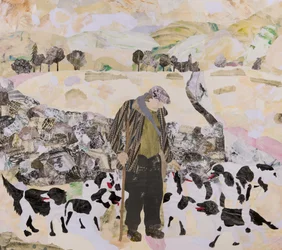 Un homme et ses chiens dans la neige, 2018 (collage)