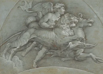 Putto Ailé Montant un Cheval Marin et un Lion après Raphaël, verso..., 1574