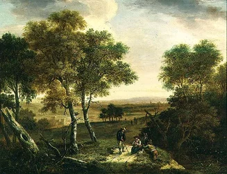 Un vaste paysage boisé avec des paysans sur un chemin, une ville au-delà
