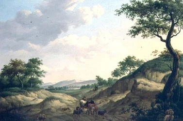 Un paysage boisé avec des bergers et des animaux sur un rocher