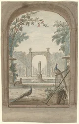 Projet de peinture murale avec vue à travers une grille sur un jardin, des paons et des outils de jardinage