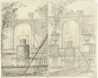 Deux conceptions pour une vue de jardin avec fontaine et outils de jardin au premier plan