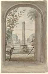 Projet pour une peinture murale avec vue à travers une porte ouverte sur un jardin avec fontaine