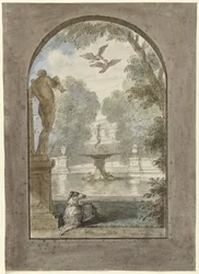 Projet de décoration de chambre avec vue sur un jardin avec chien couché, fontaine et statue