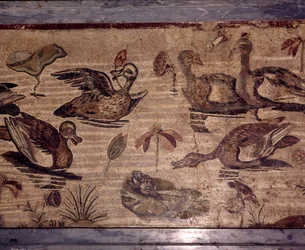 Mosaïque Romaine de Pompéi de canards et grenouilles dans un jardin aquatique