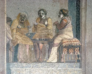 Mosaïque romaine de scène de pièce avec acteurs masqués, Villa de Cicéron, Pompéi, IIe siècle av. J.-C.