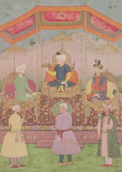 Empereur moghol Babur et son fils, Humayun, miniature indienne du Rajasthan, XVIe siècle
