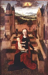 Madonna et enfant assis sur un mur