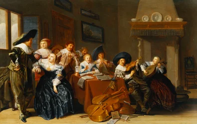 Figures élégantes avec des instruments assis à une table et une jeune fille chantant dans un intérieur, 1637