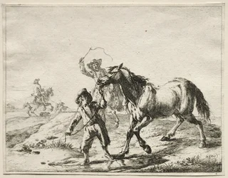 Un garçon menant un cheval boire