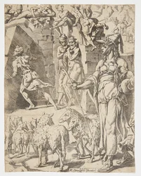 Jacob roulant la pierre de la bouche du puits