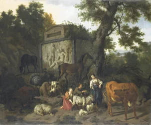 Paysage avec bergers et bétail près d