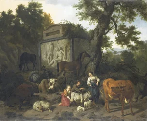 Paysage avec des bergers et du bétail près d