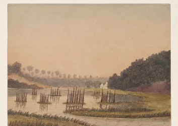 Paysage marécageux avec un bâtiment au loin