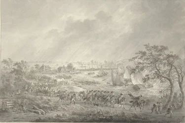 Traversée des troupes anglaises et hanovriennes de Nimègue à Lent sur le pont de bateaux sur la Waal, 7 novembre 1794