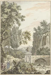 Paysage arcadien avec une cascade, un pont et trois jeunes hommes