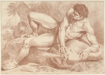 Homme nu couché, sur un sac d