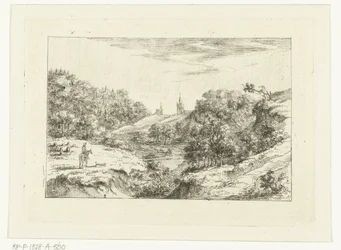 Paysage de dunes avec des églises et un cavalier près de Scheveningen