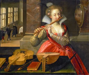Joueuse de flûte, une allégorie sur la musique (peinture sur toile)