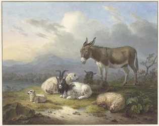 Paysage avec âne, chèvre et moutons