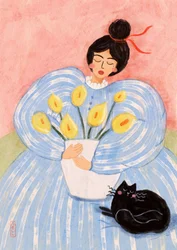 Femme avec des fleurs et un chat