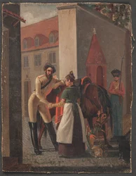 Scène de rue. Un cavalier prend congé d