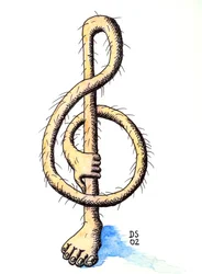 Clé de sol poilue - une clé de sol dessinée comme une jambe avec une main qui la tient.