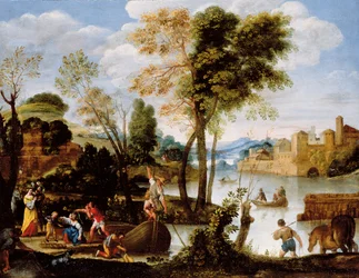 Paysage fluvial italianisant avec un batelier et une femme avec un panier de crabes, vers 1604-05