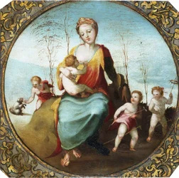 Beccafumi - Charité allaitant un enfant et entourée de trois enfants jouant avec un chien et des chevaux de trait, vers 1525 (recadré)