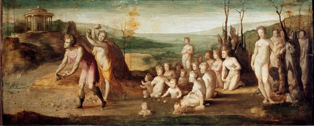 Deucalion et Pyrrha. Personnages de la mythologie grecque jetant des pierres qui donnent naissance à des êtres humains après le déluge