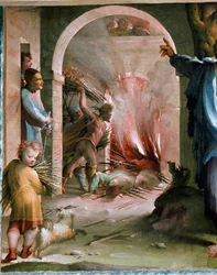 Publius Mucius Scaevola jetant ses collègues au bûcher Fresque par Domenico Beccafumi 1529-1530 Sienne, Palazzo Casini Casuccini