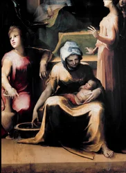 La Naissance de la Vierge. Détail montrant une servante avec la nouveau-née. Dates de vie de l
