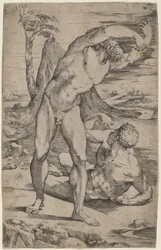 Deux nus masculins gesticulant dans un paysage