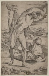 Deux nus masculins faisant des gestes dans un paysage