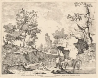 Paysage avec bergère et troupeau à un point d