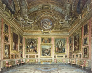 Intérieurs du Palazzo Pitti, Florence : La Sala di Saturno avec la "Lamentation" de Perugino encadrée par des peintures de Fra Bartolommeo et Raphaël, 1871