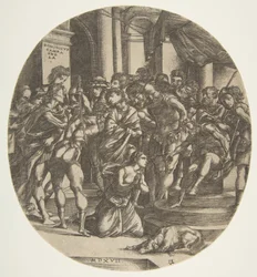 Figure féminine Sainte Catherine agenouillée au centre suppliant une figure masculine, 1517